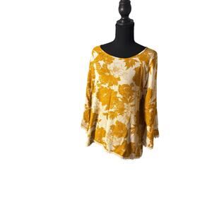 Paper Moon Mustard Floral Boho Blouse Medium Bell Sleeve Lace Trim Rayon Top